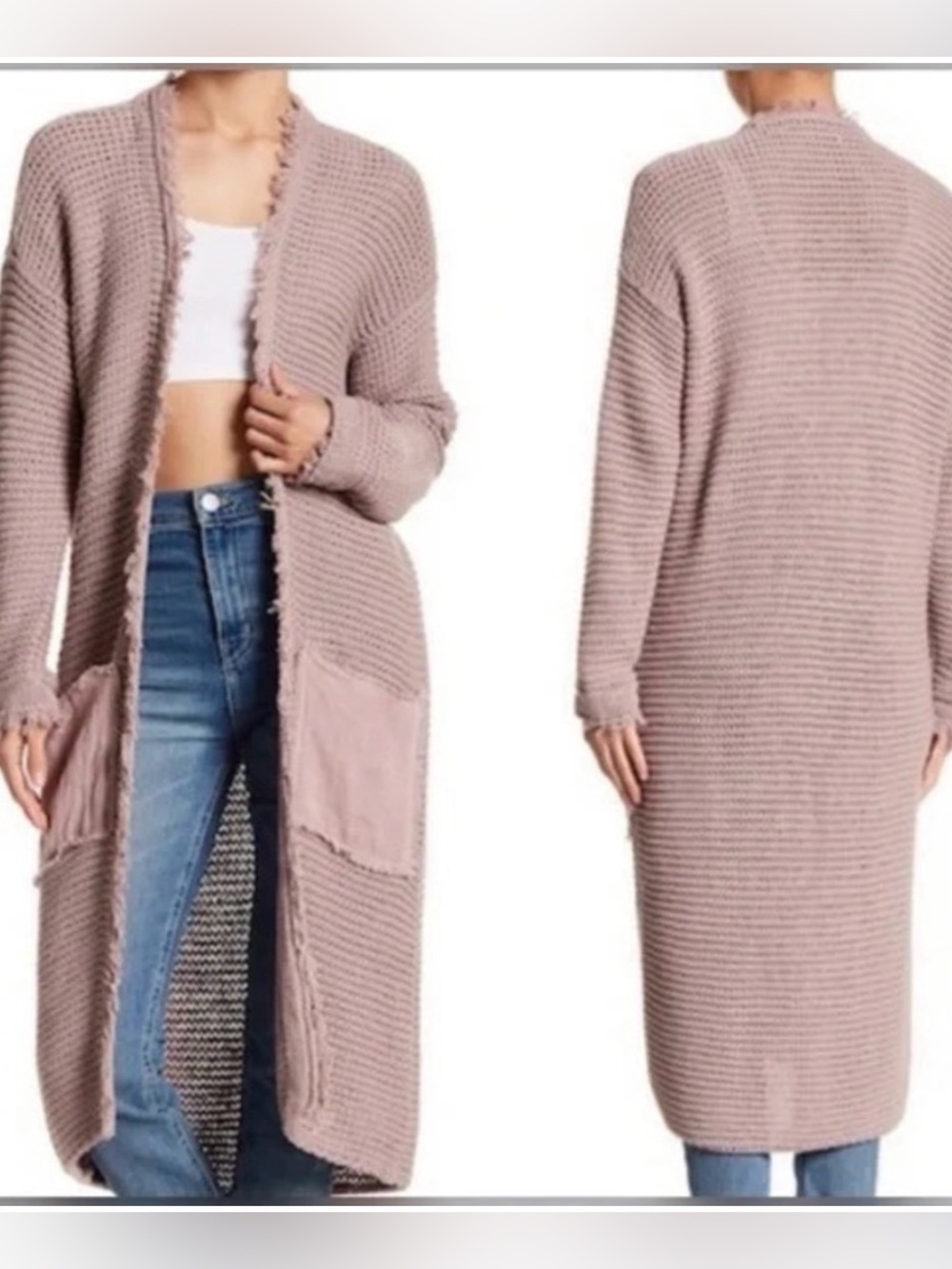 Free People Woodstock Open-Front Mauve Longline Knit Cardigan Sweater Sz M